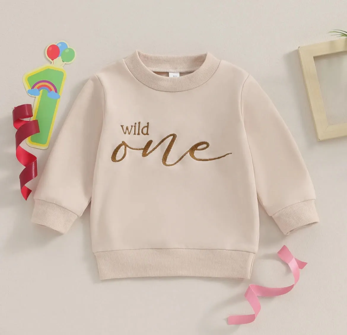 $12.50 EA - 12-24M X 2 -- Wild One Kids Cream Crew Neck Sweater, Perfect 1st Birthday Gift, Wild Child Sweater, Baby Sweatshirt Party Outfit