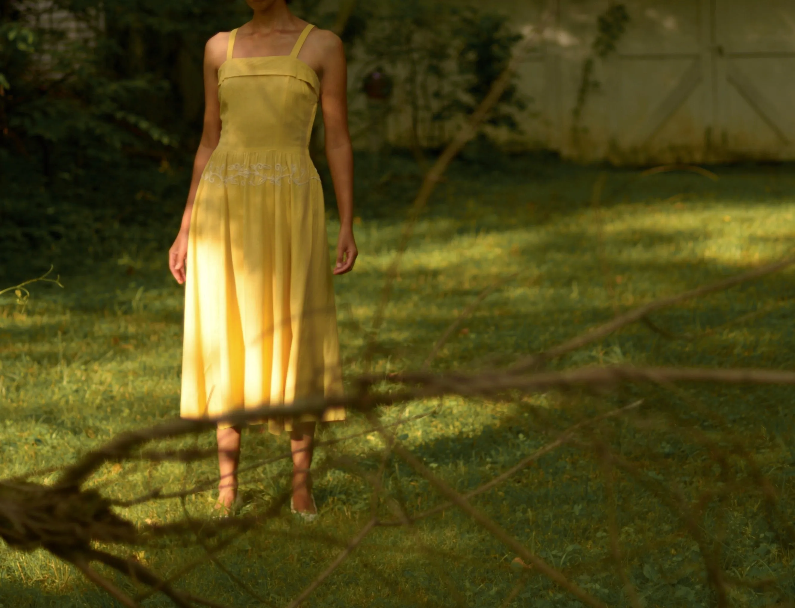 1940s yellow linen sun dress with embroidery detail, small-medium