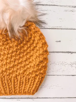 Adult Knitted Textured Beanie with Faux Fur Pom Pom // The Acadia - Butterscotch