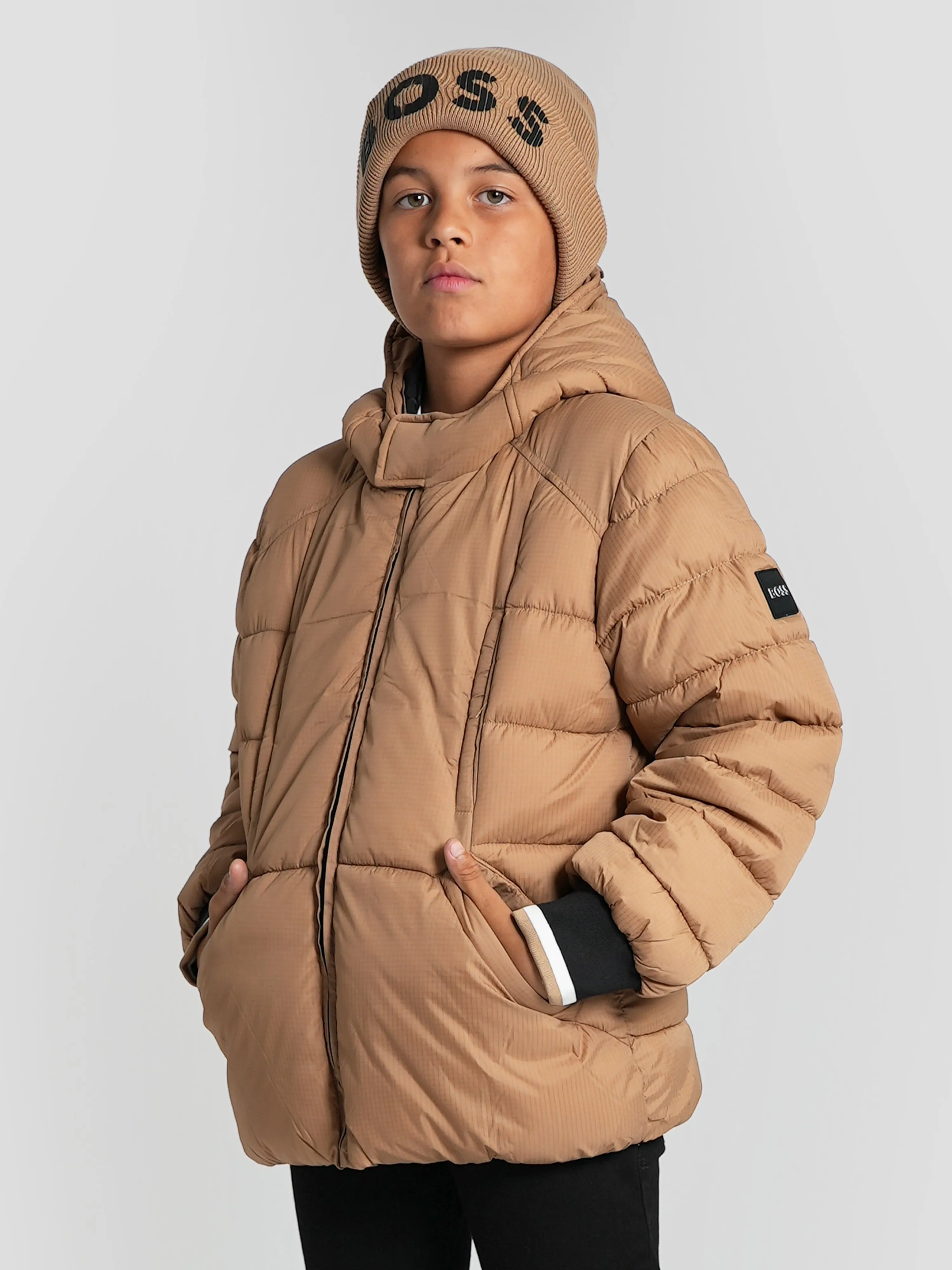 BOSS Boys Logo Puffer Jacket in Brown