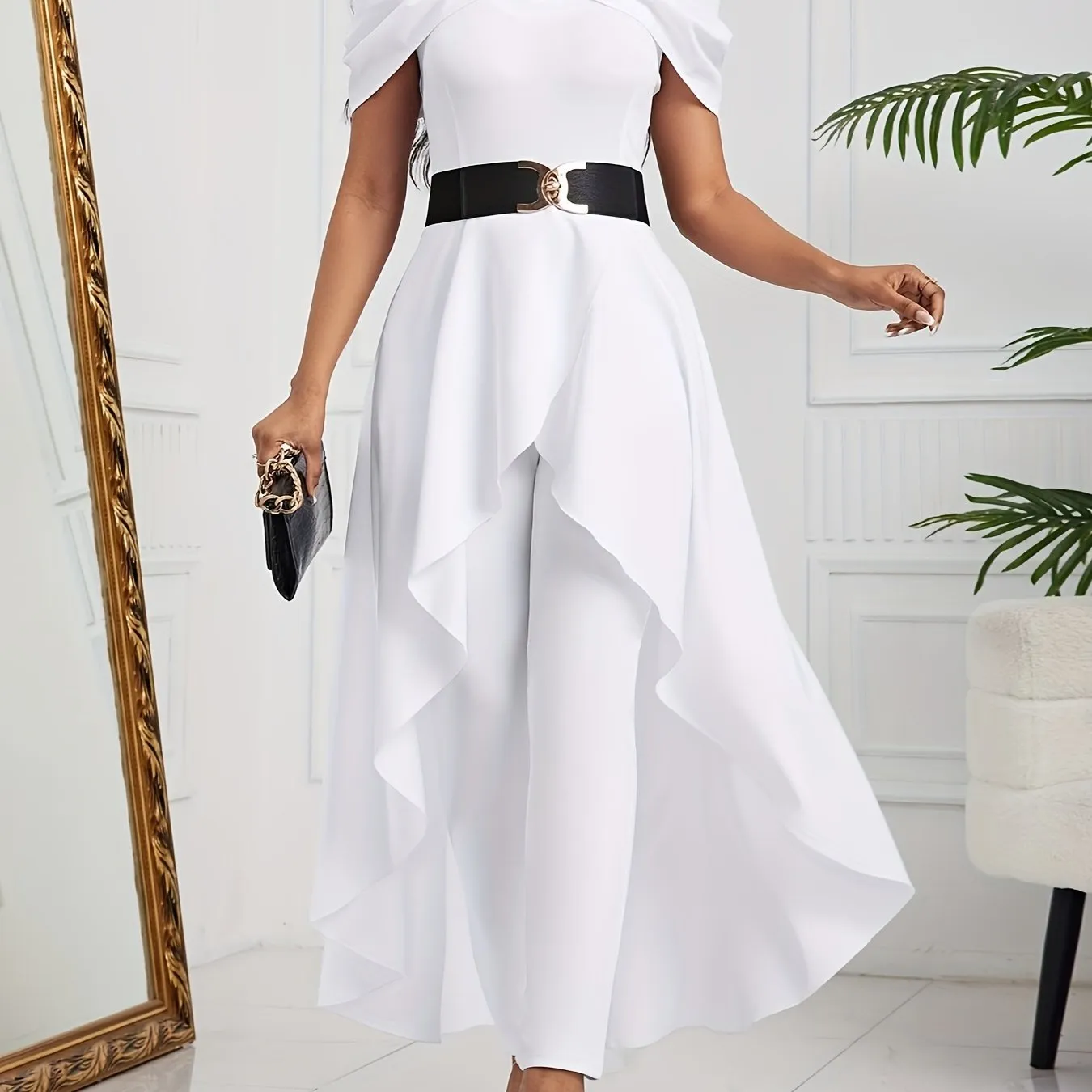 Chic Solid Cold Shoulder Jumpsuit - Flattering V-Neck, Short Sleeves with Flowy Overskirt - Perfect Casual Womens Clothing for Everyday Style