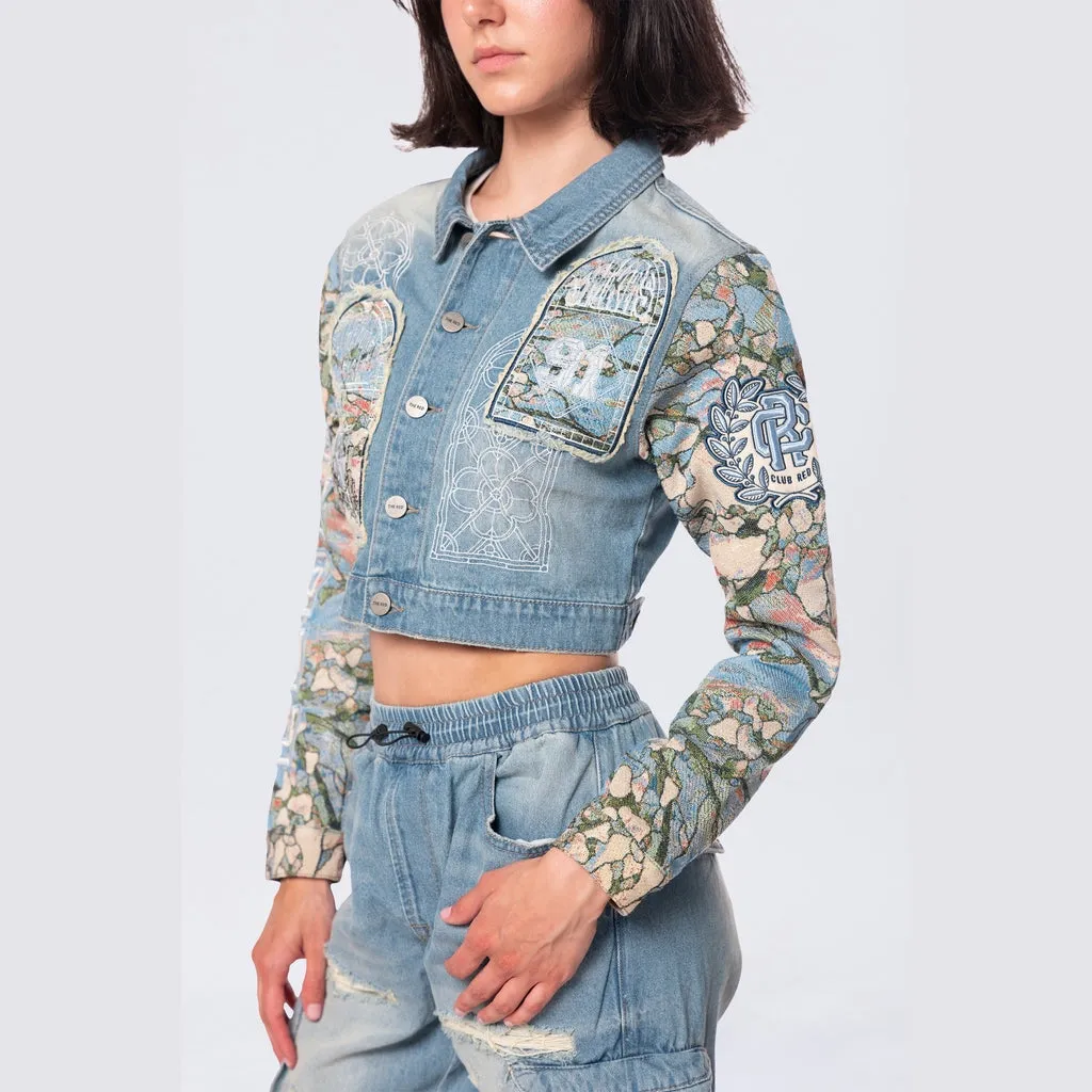 Cropped Tapestry Denim Jacket - Seymour Blue