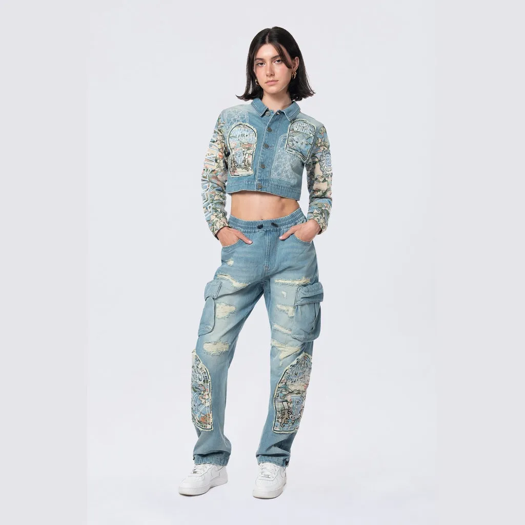 Cropped Tapestry Denim Jacket - Seymour Blue