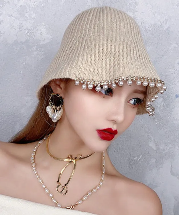 DIY Beige Zircon Pearl Knit Bucket Hat