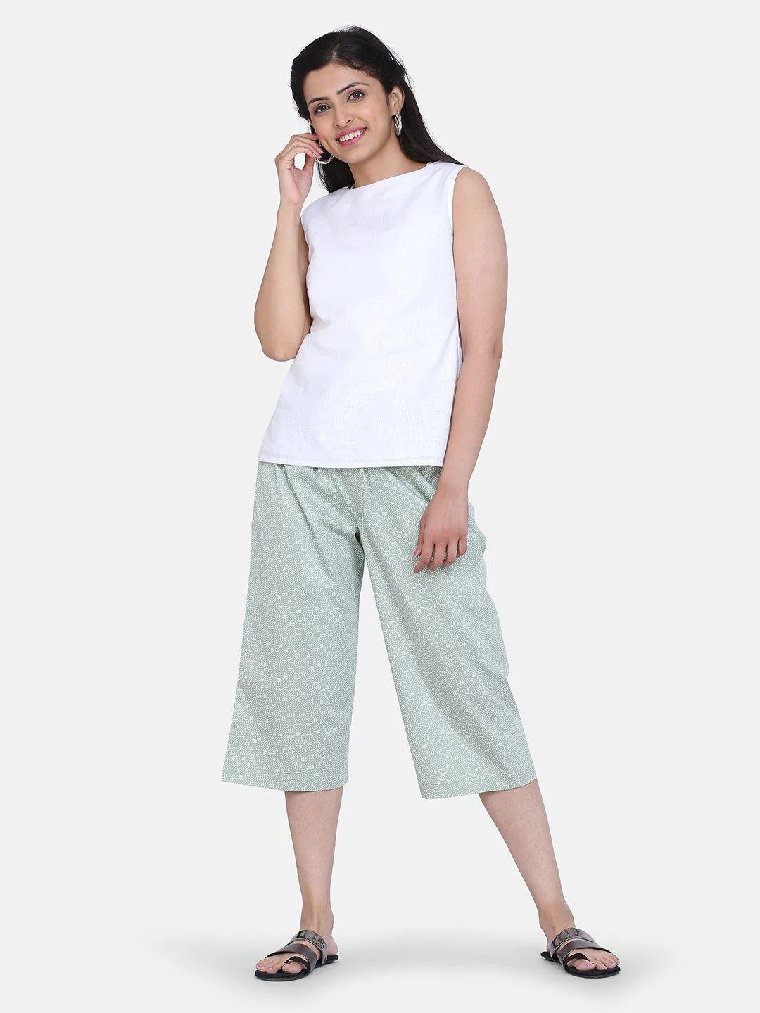 Dot Pattern Rayon Culottes - Sage Green