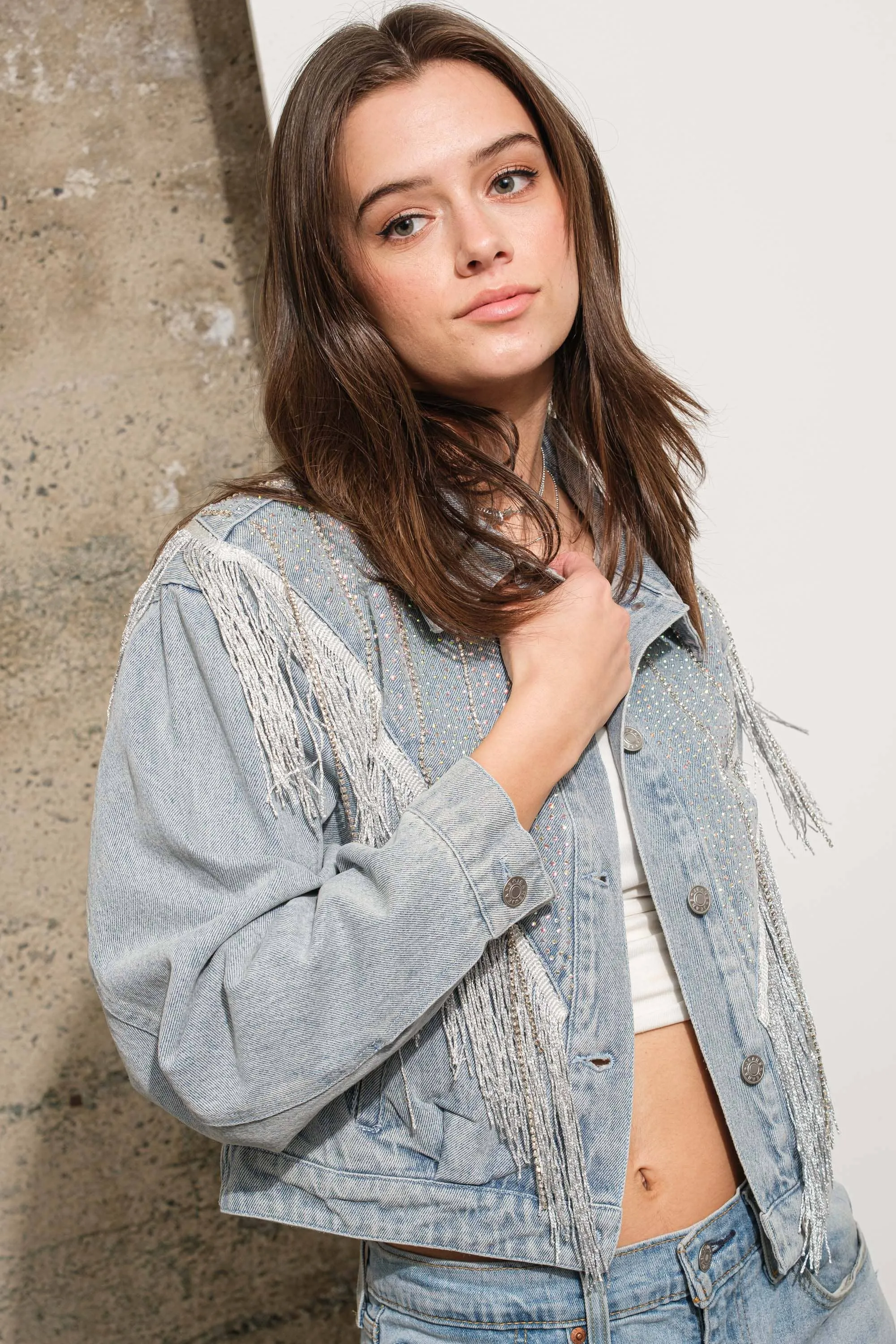 Fringe Studded Sparkle Denim Jacket