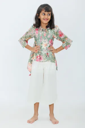 Girls Green Floral Printed Top with White Culottes and Camisole for Stylish Daytime Outings