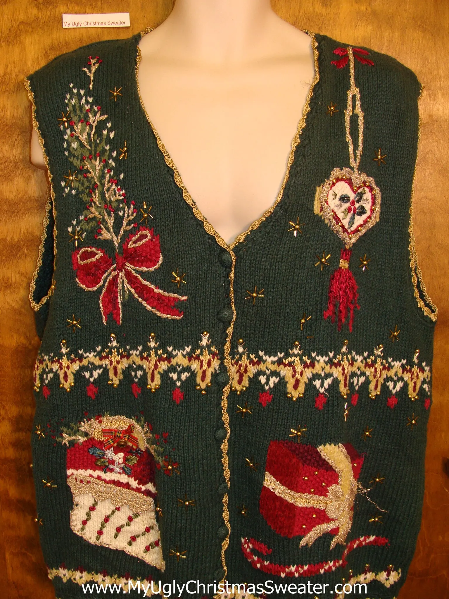 Green Ornate Ugliest Bad Christmas Sweaters Vest