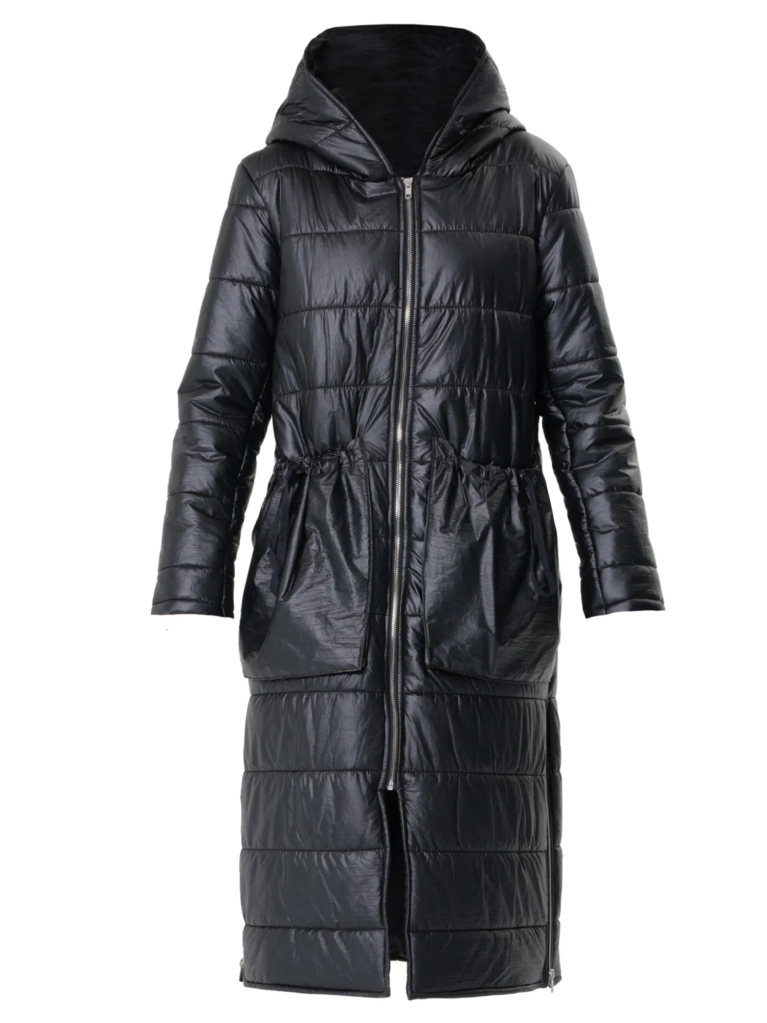 Long Black Puffer Jacket With Oversize Pockets