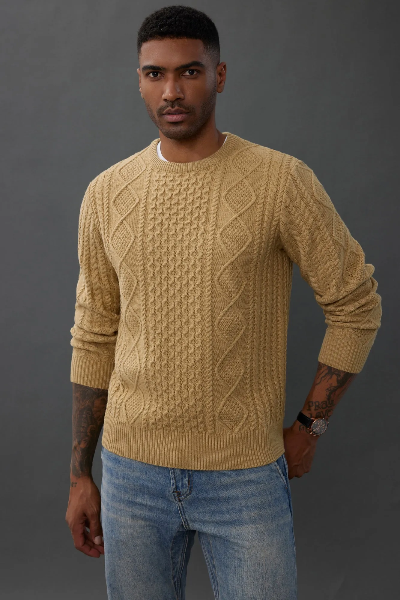 Men's Cable Knit Pullover Long Sleeve Ribbed Knit Pullover Regular Fit Crew Neck Jumper Sweater