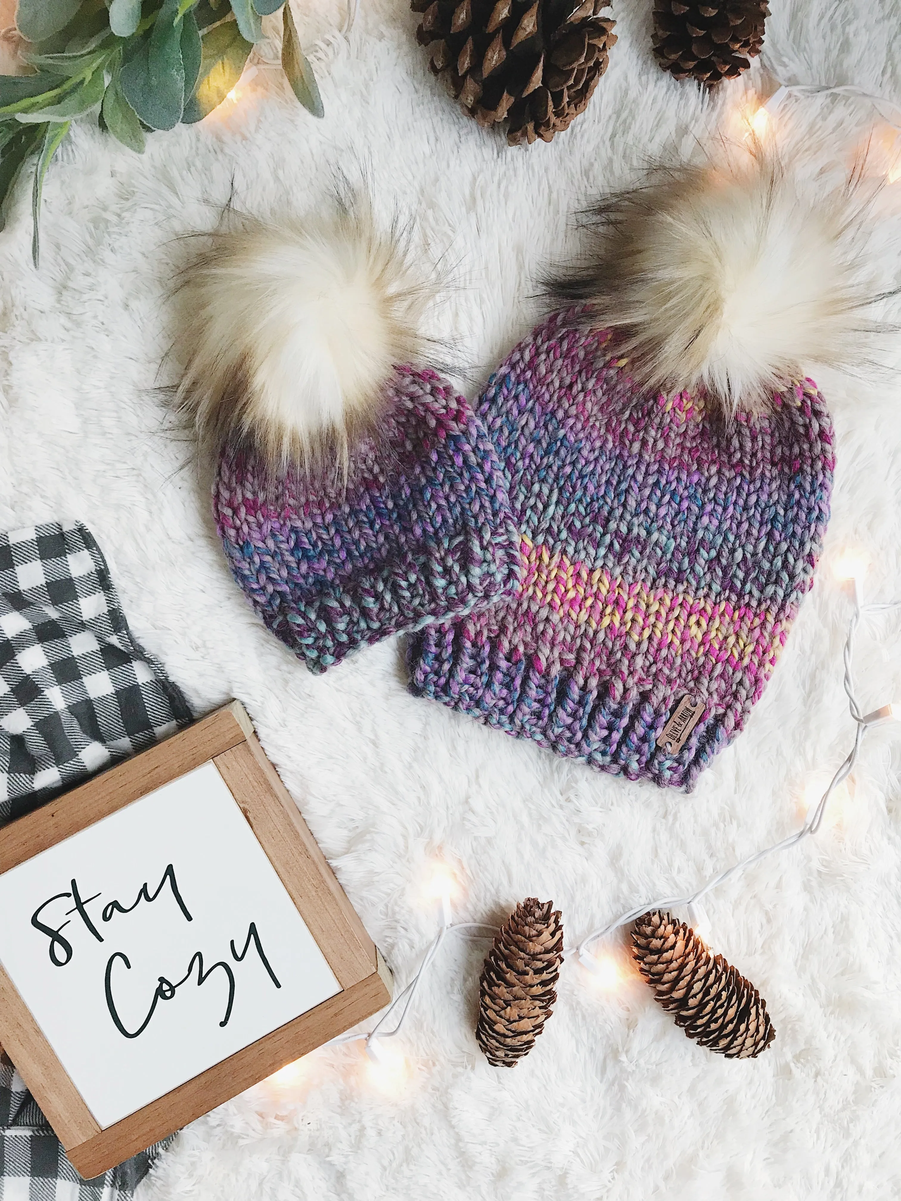 Mommy and Me SET Knitted Textured Beanie with Faux Fur Pom Pom // The Kennebec