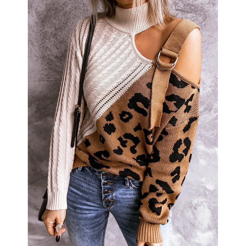 New Leopard High Neck Women Fall Sweaters