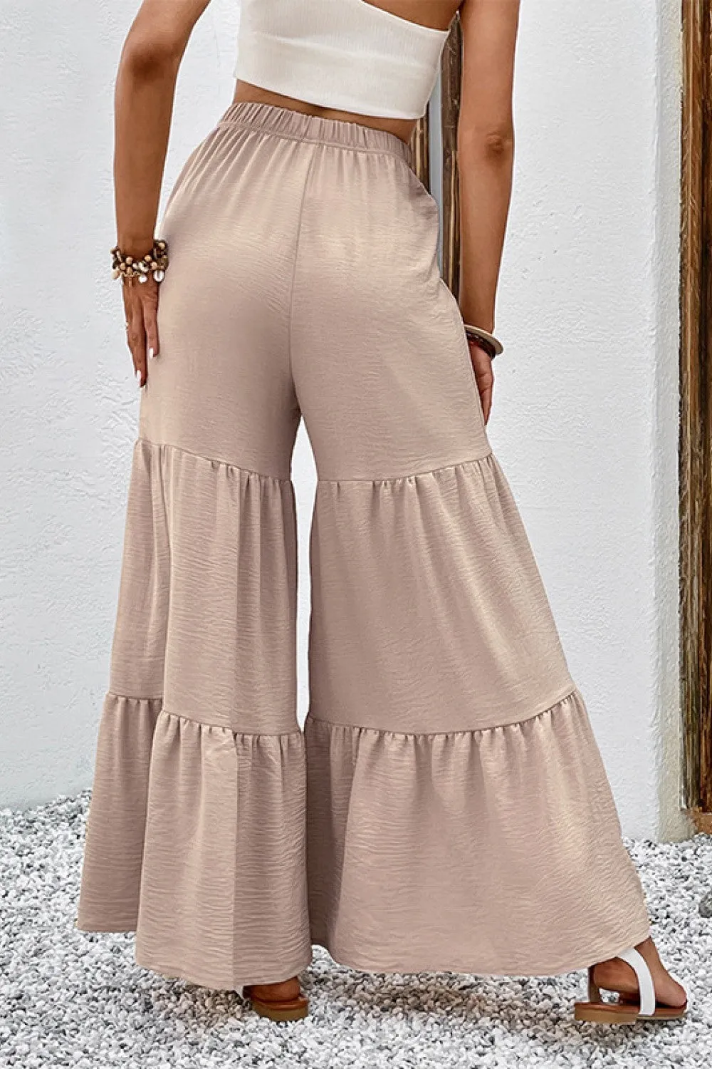 Perfee Drawstring Waist Tiered Flare Culottes