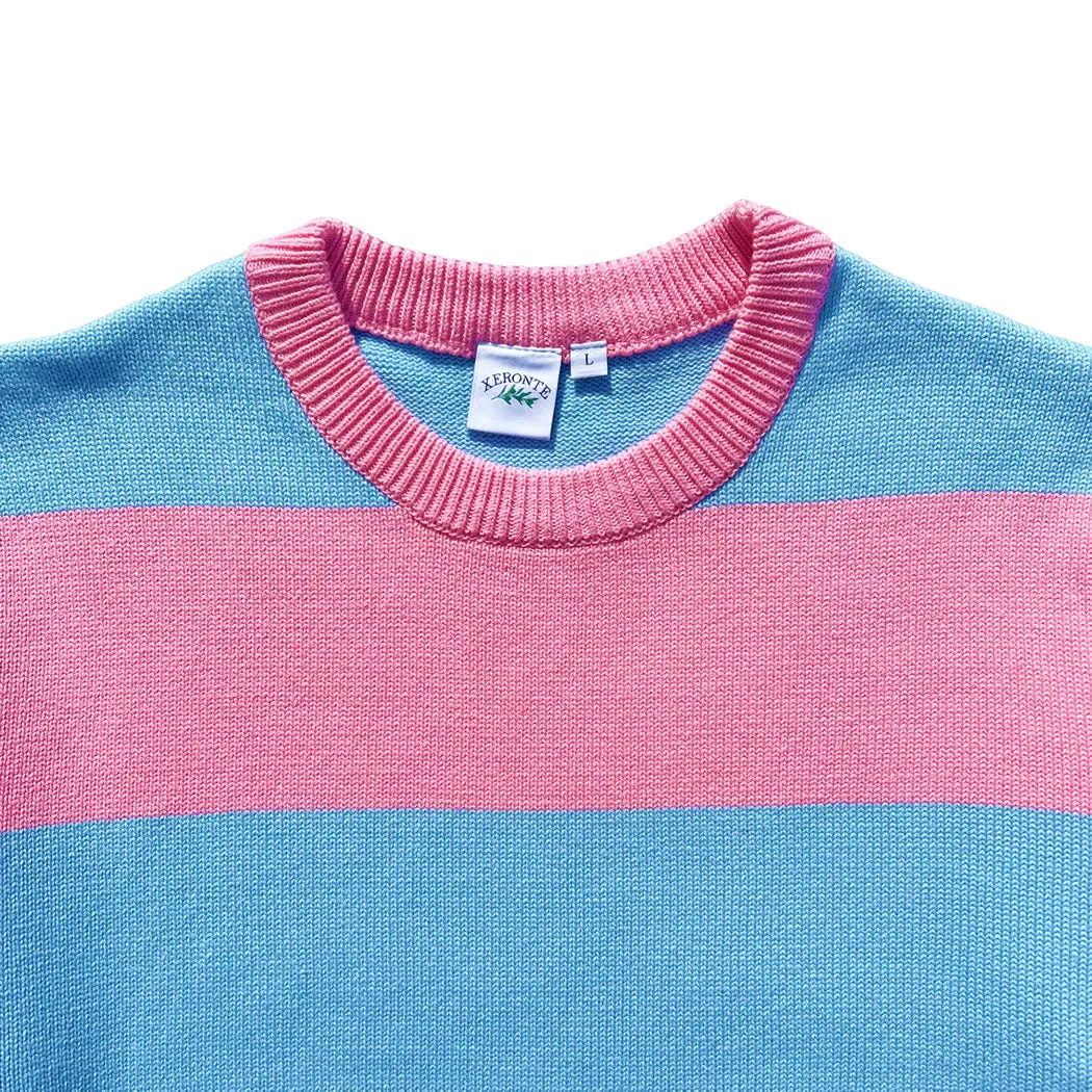 Pink And Blue Rugby Stripe Mens Cotton Crewneck Sweater