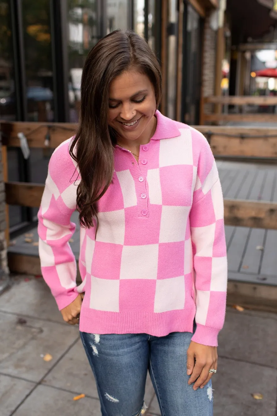 Pink Checkered Collared Sweater (SM-XL)