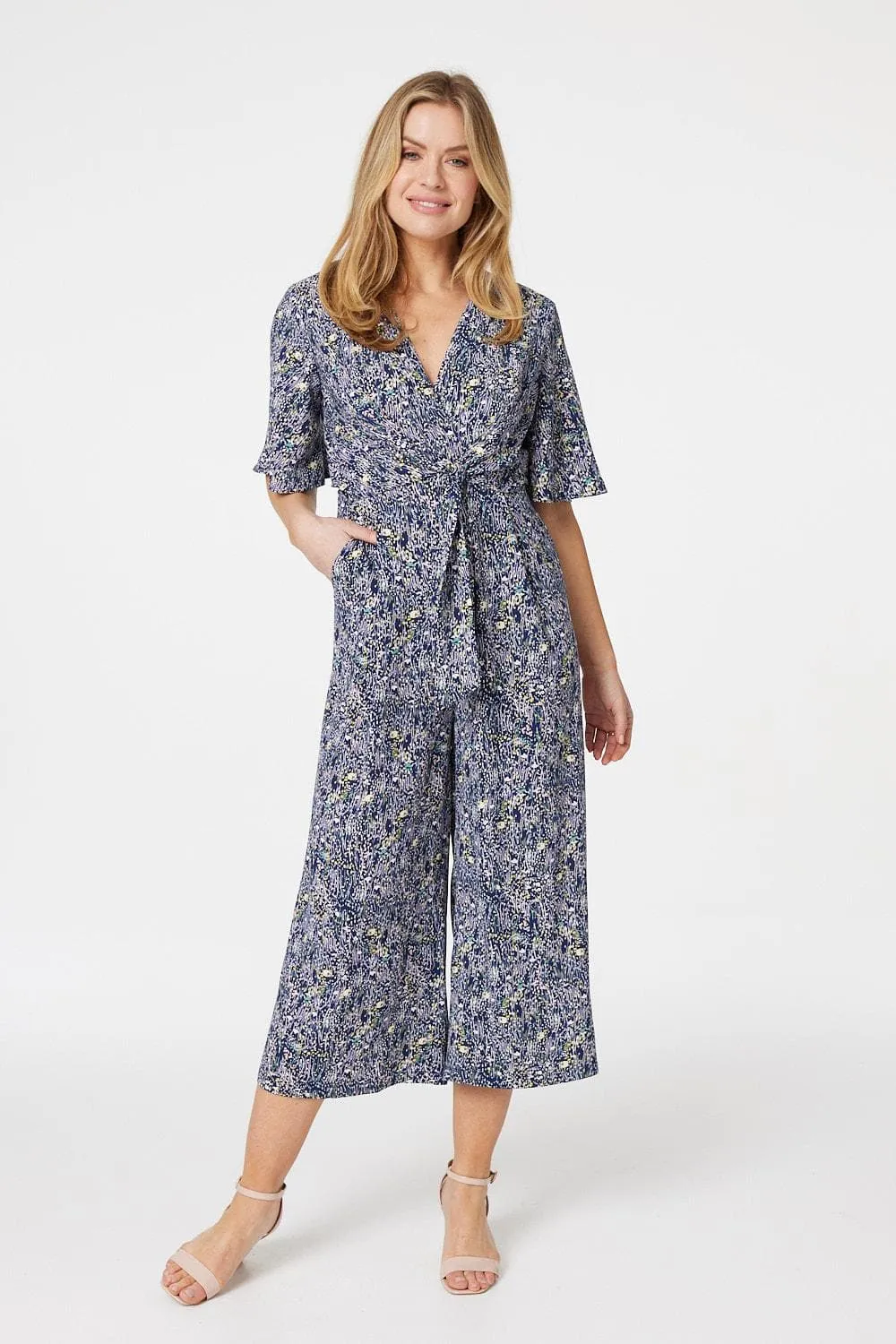 Printed Tie Front Wide Leg Jumpsuit