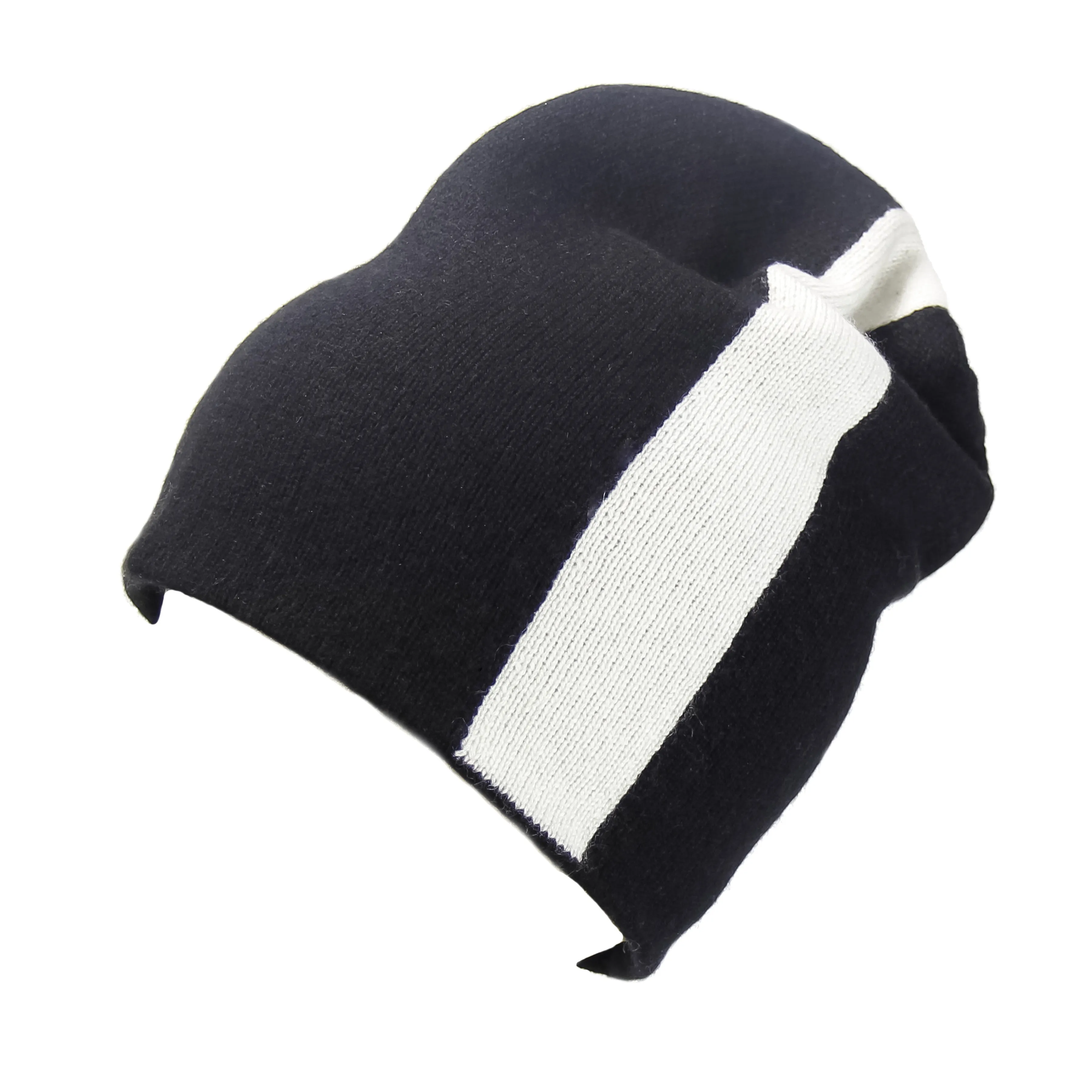 Reversible Slouchy Black & White Striped Cashmere Hat