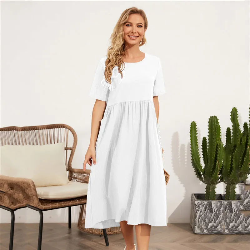 Round Neck Short Sleeve Cotton And Linen Dress Women