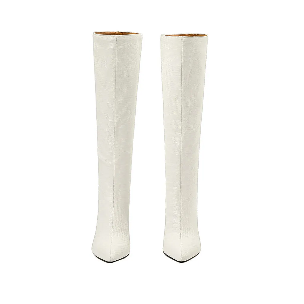 Snake Effect Leather Pointed Toe Knee High Stiletto Boots - Off White