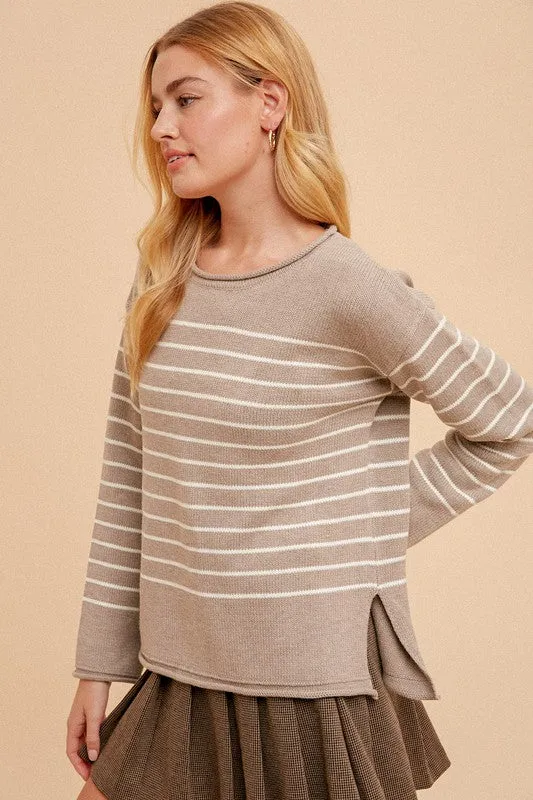 STRIPED SWEATER WITH ROLLED TRIM