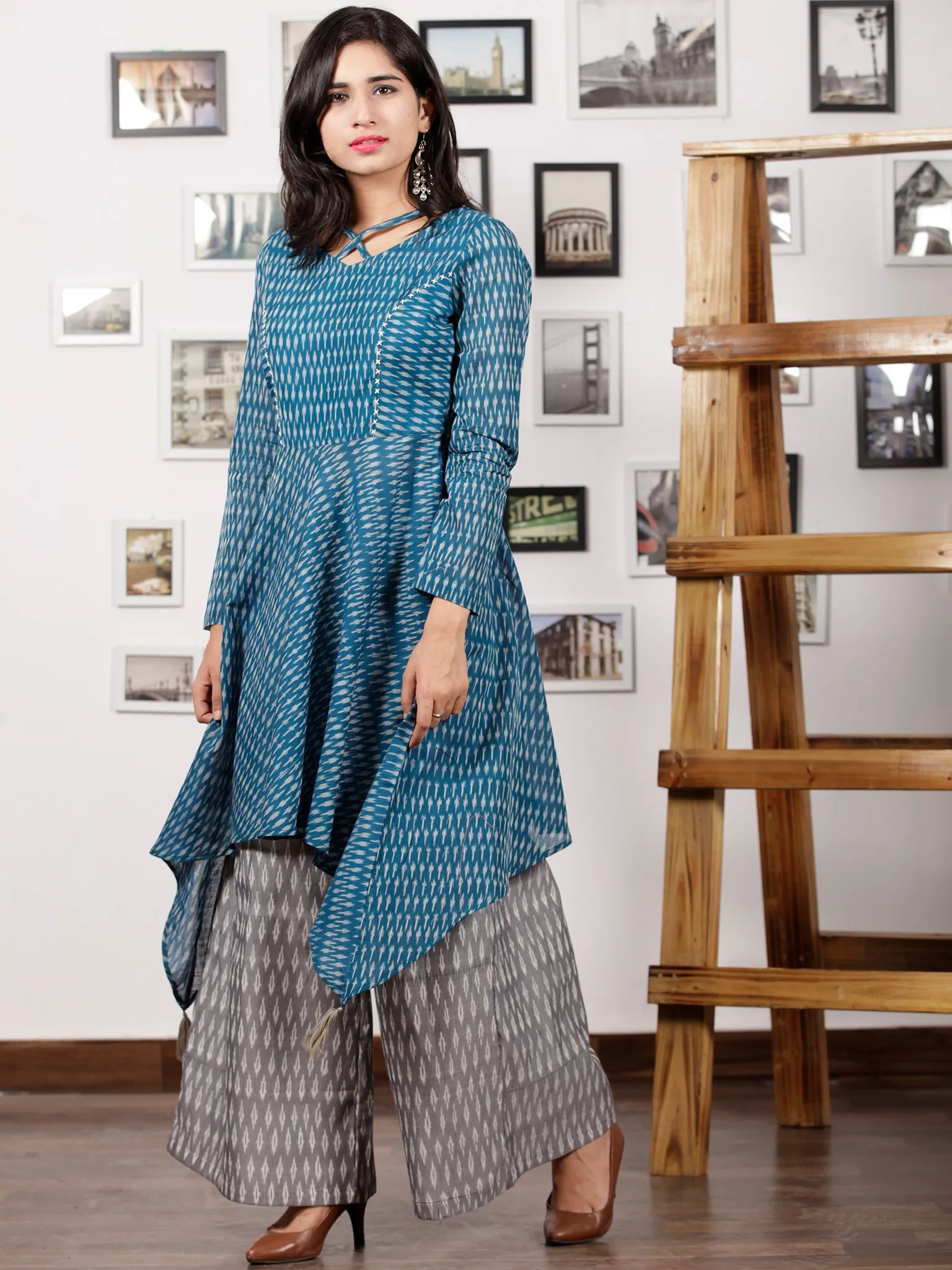 Teal Blue Grey Silk Cotton Ikat Asymmetric Kurta & Culottes Dress (Set of 2) - D285F1438