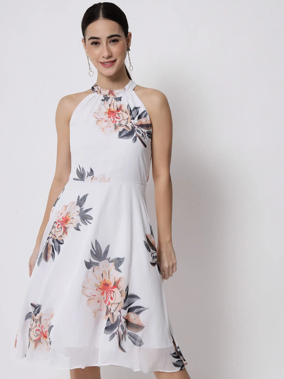 White Floral Printed Georgette Midi Dress