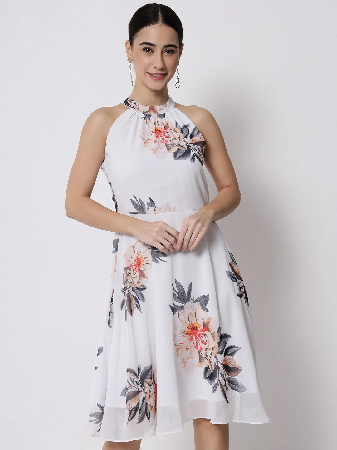 White Floral Printed Georgette Midi Dress