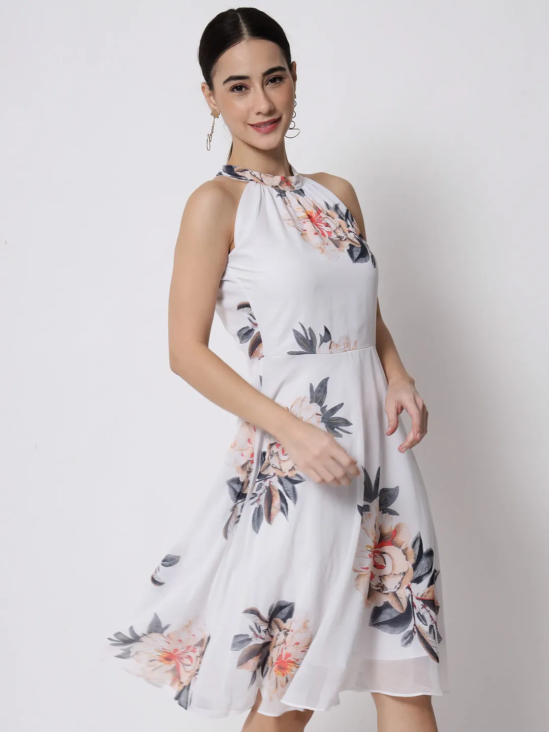 White Floral Printed Georgette Midi Dress