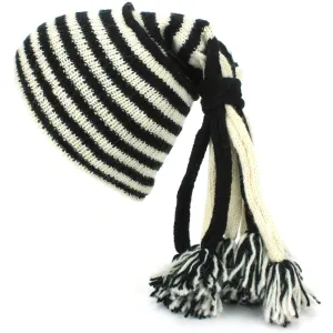 Wool Knit 'Fountain' Tassels Beanie Hat - Cream & Black