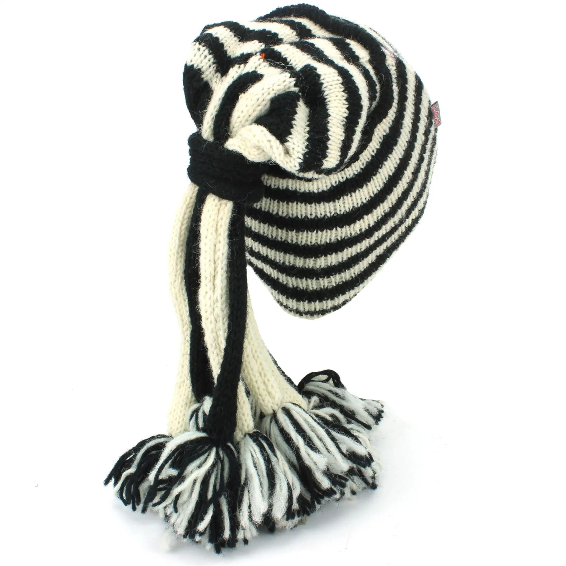 Wool Knit 'Fountain' Tassels Beanie Hat - Cream & Black