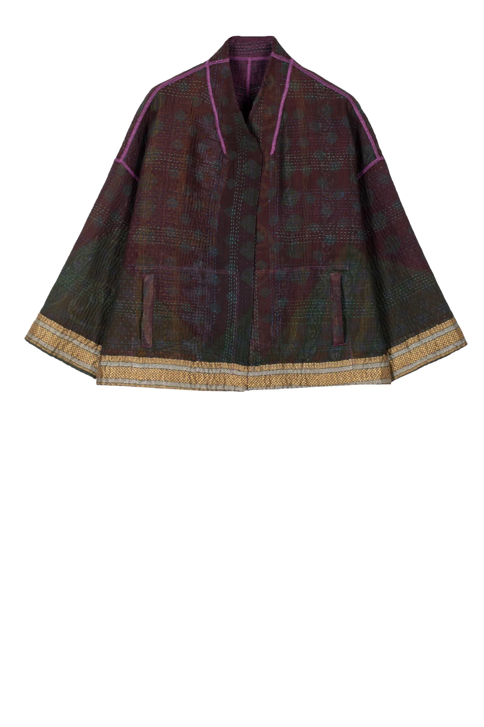 WOVEN VINTAGE COTTON KANTHA STAND COLLAR CROPPED JACKET