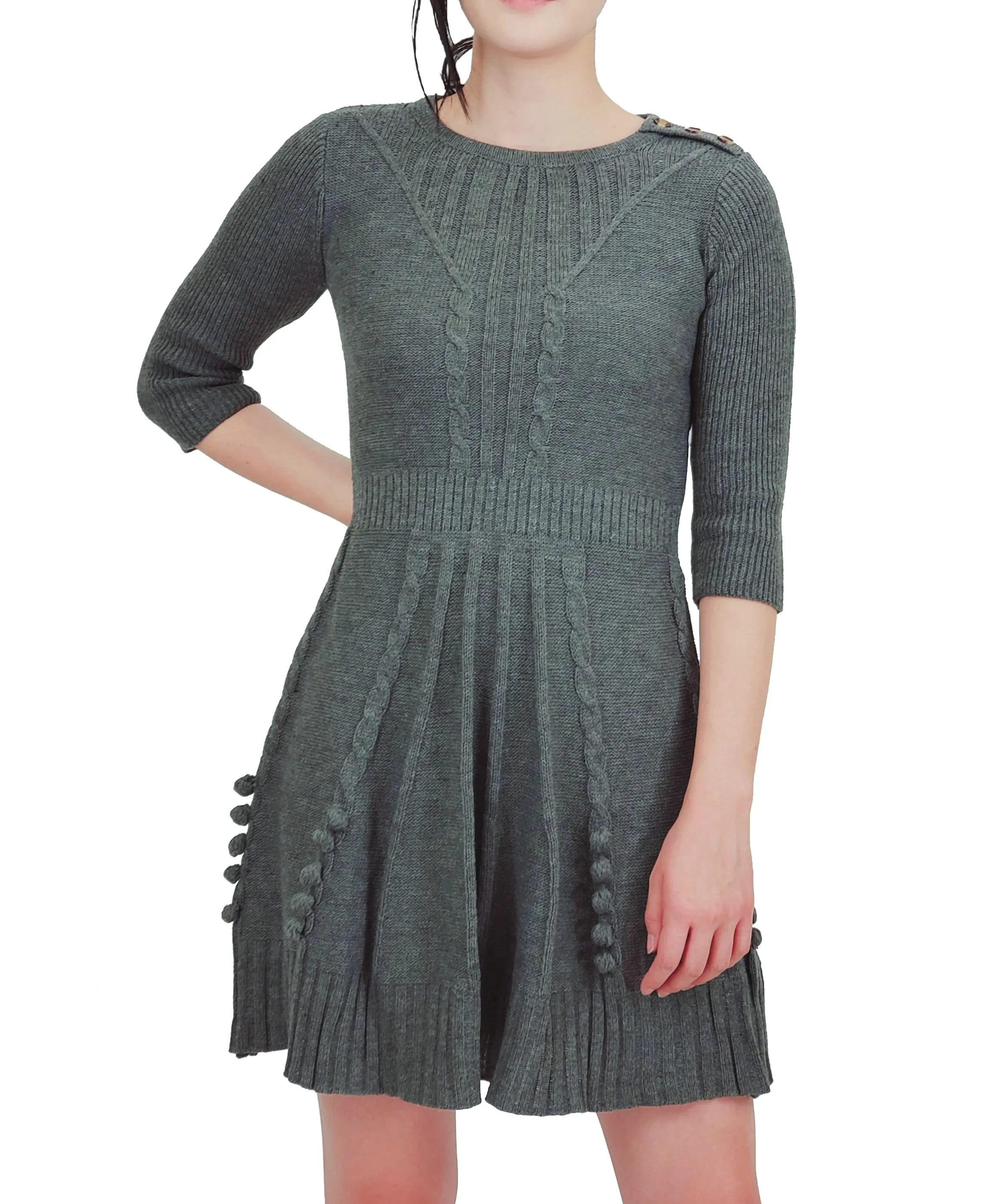 YEMAK Women's 3/4 Sleeve Crewneck Lovely Pompom Cable Knit Sweater Midi Dress HB3137 (S-L)